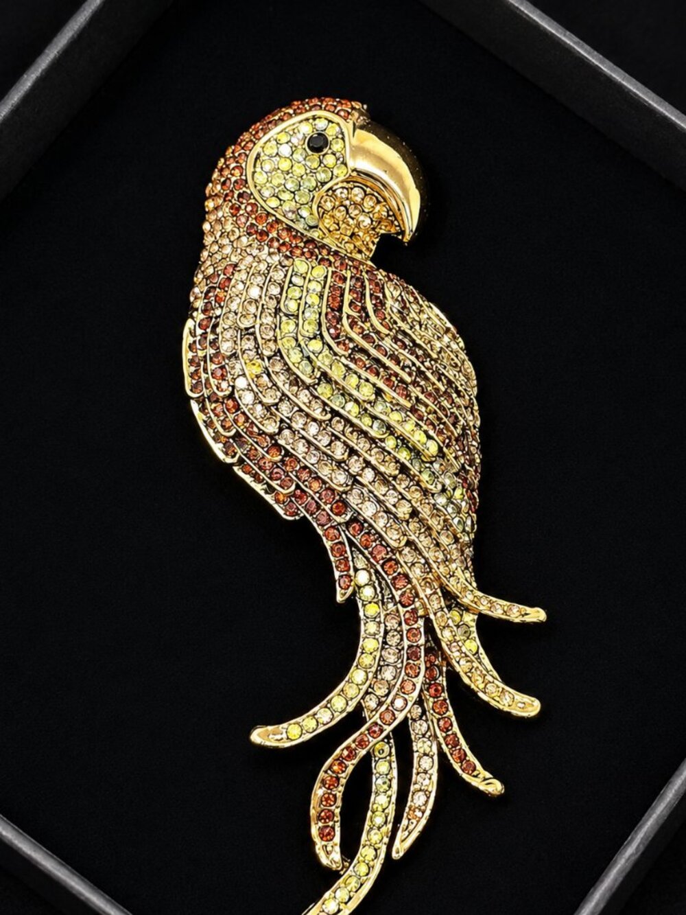 Large Statement Rhinestone Parrot Brooch Pendant Crystal Bird Pin Gold Toned